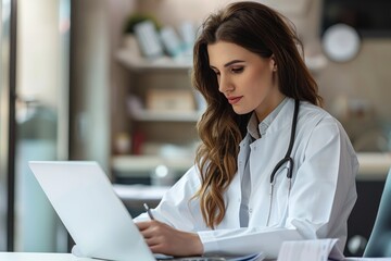 Fototapeta premium Focused Female Doctor Working on Laptop in Clinic