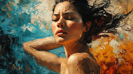 Artistic Oil Painting Of Gorgeous Modern Women Portrait Grunge Brush Stroke On Background