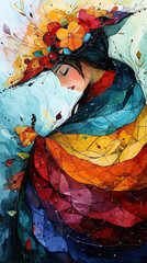 Fototapeta premium Contemporary Artistry Of A Pretty Girl in Colorful Dress and Hat With Flowers Painting on Canvas