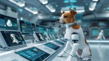 Futuristic pet training center with robotic trainers and holographic pets, 3D render, sleek metallic colors