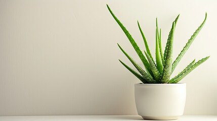 Minimalistic aloe vera plant design on white background, healthy green leaves in pot