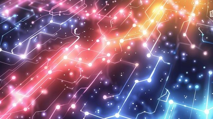 Obraz premium Colorful digital LED background with a geometric grid pattern, featuring pink and yellow dots connected by electric blue lines