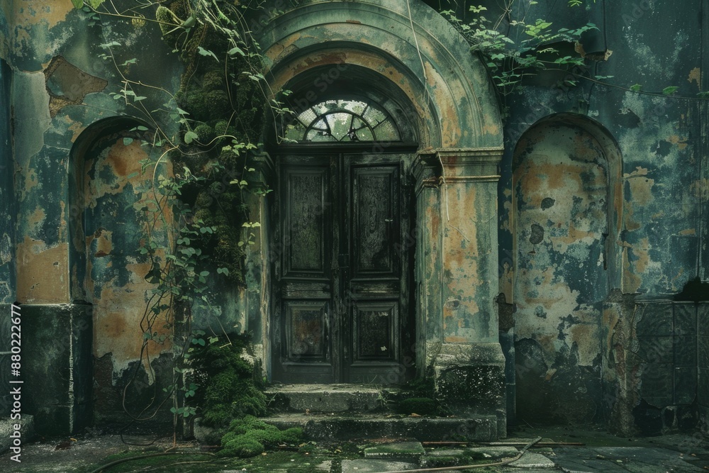 Poster An old building with a door and a window, suitable for use in historical or nostalgic contexts
