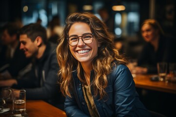 Fototapeta premium Close up of coworkers smiling and having a discussion at a round office table in a workplace setting
