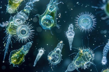 A microscopic view of plankton and other tiny sea organisms in their natural habitat