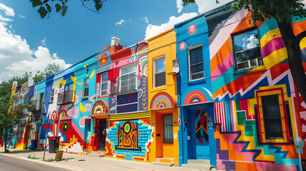 An energetic neighborhood with bold, contrasting colors on every building and street art on every corner