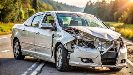 Damaged white car on road after accident with broken off side rearview mirror hanging precariously from its shattered remains.