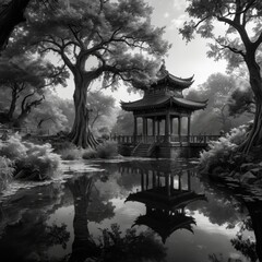 Obraz premium Tranquil Pagoda Reflection in a Serene Forest Pond.