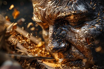 Fototapeta premium Intricate sculpture process with close-up on a woodworker's detailed carving in vivid, dynamic motion, capturing artistic craftsmanship.