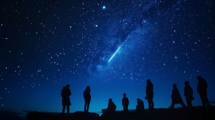 Fototapeta premium Meteor, falling star in a beautiful starry night sky. Silhouettes of people, tourists, watching stars.