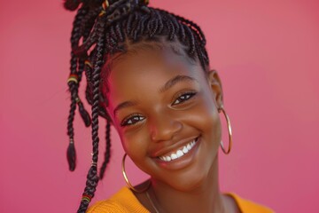 An African American woman with a warm smile and braided hair against a pink background. Her glowing skin and joyful expression emphasize her natural beauty.