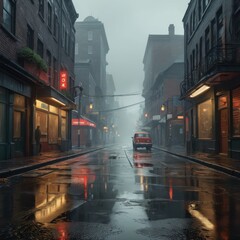 Obraz premium Foggy City Street with Red Car.