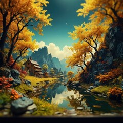 Cottage in a Mountain Valley with Autumn Trees.