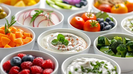 Stylish presentation of vibrant fruit salads and vegetable dips on white backdrop