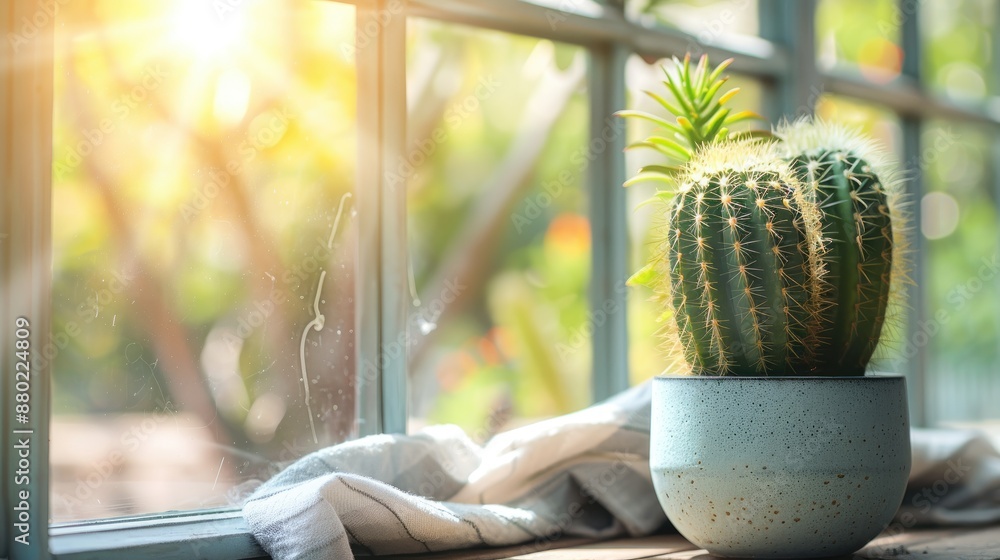 Aufkleber cactus in pot by window against nature backdrop with text space