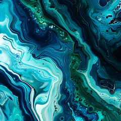 Obraz premium Abstract fluid art painting in blue and green hues with marble texture, creating a dynamic and organic impression.