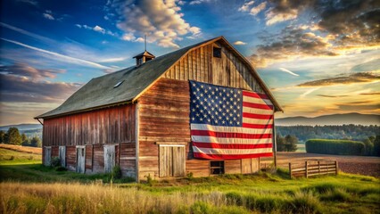 Obraz premium Rustic barn with vintage American flag, weathered wooden planks, and blank space, evoking nostalgic, patriotic feels in a rural landscape.