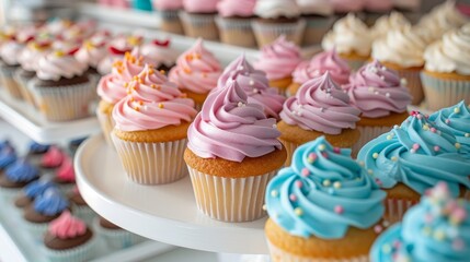 Children s dessert buffet featuring mini cupcakes and cookies on a clean white background