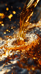 Naklejka premium Close-up of golden liquid splash creating dynamic and vibrant energy with abstract motion, perfect for beverage or fluid-related concepts.
