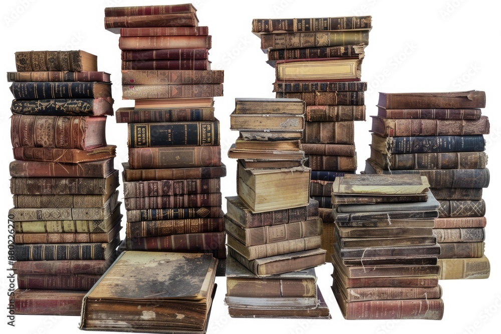 Poster a pile of vintage books stacked on top of each other, suitable for use in educational or historical 