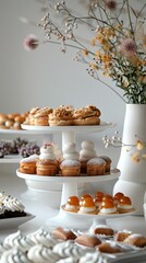 Naklejka premium Minimalistic wedding dessert buffet assorted mini pastries and sweets on bright white background