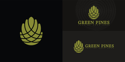 Vector logo with an abstract image of a green pine cone logo in green colors isolated on multiple background colors. The logo is suitable for Luxury Mountain Lodge logo design inspiration templates.