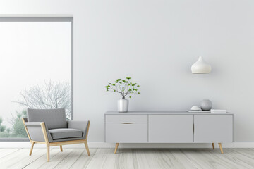 Interiors design property composition with a contemporary sideboard next to a large window in neutral plain colors. Minimalist Real Estate mockup composition with minimal furniture.