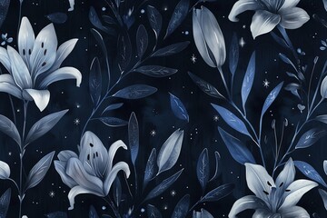Starry Night Lily Pattern, Bohemian Celestial Style, Seamless Pattern with Flowers and Leaves. Hand Drawn Background. Floral Pattern for Wallpaper, Fabric, Textile, Fashion, Paper