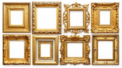 Assorted luxurious golden picture frames in modern and ornate styles, isolated on a plain background, perfect for decorative elements.