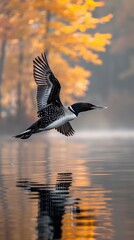 The mist envelops the scene, creating a soft, ethereal backdrop that enhances the silhouette of the loon as it ascends.