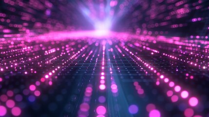 Obraz premium Futuristic digital LED background with a purple and pink grid pattern, connected by bright white dots and lines