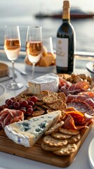 Fototapeta premium Luxurious and simple cheese and charcuterie board display on yacht in bright setting