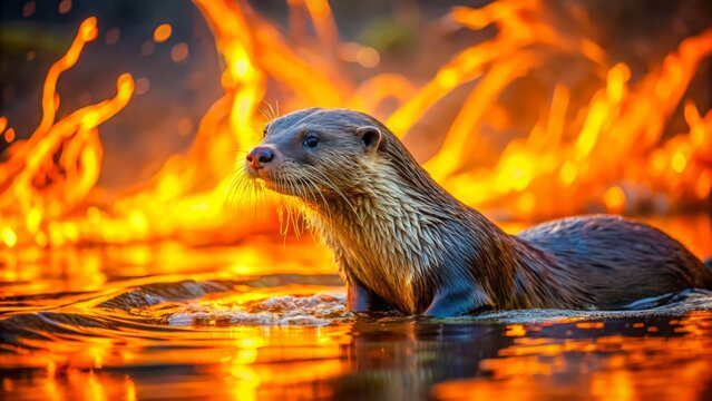 A solitary otter frolics amidst vibrant orange flames, its fur glistening with dew, in a surreal, fiery stream setting.