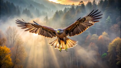 Fototapeta premium A majestic solitary bird suspended motionless in mid-air, its wings spread wide, against a serene and misty natural backdrop.