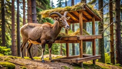 Magnificent wild mountain sheep consumes hay from rustic wooden feeder in serene forest habitat, designed for wildlife nourishment.