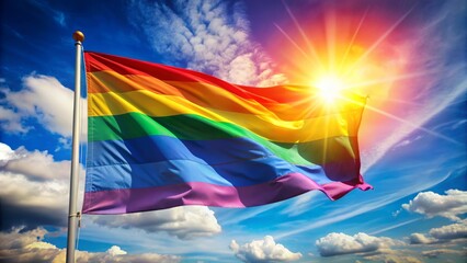 Vibrant rainbow pride flag waving freely in the wind against a bright blue sky with subtle clouds and sunshine.