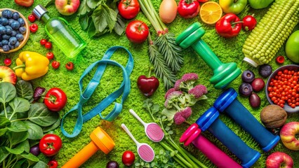 Vibrant background featuring colorful fitness icons, exercise gear, and gadgets amidst lush greenery, promoting active wellness and healthy living routines.