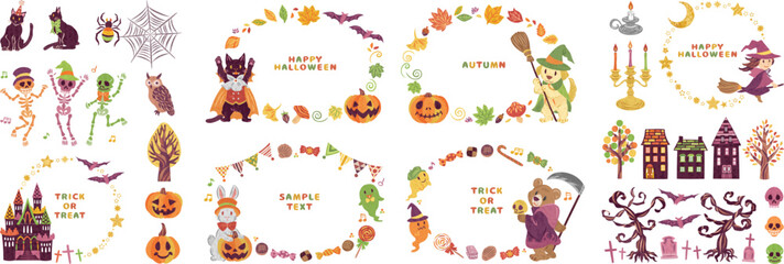 ハロウィーン　仮想衣装を着た動物たち　丸フレーム　イラスト素材セット