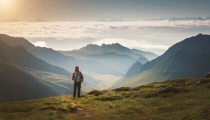 Fototapeta premium Lone hiker on mountain summit at dawn, capturing a serene outdoor adventure
