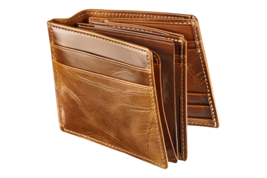 Man leather open wallet isolated on transparent background