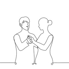 man and woman holding hands as in dance step - one line art vector. concept dance waltz, support
