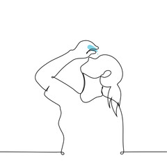 woman dripping eye drops - one line art vector. concept eye soreness, conjunctivitis