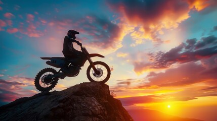 Obraz premium Man with dirt bike and beautiful lights Silhouette of a man with a dirt bike on a high rocky peak at a beautiful sunset. Enduro motorcycle travel concept