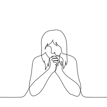 recommend clip art: woman sitting leaning on elbows, palms together near face - one line art vector. concept expectation, tension