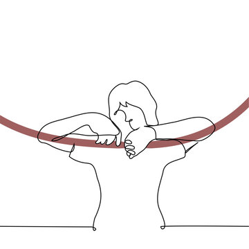 recommend clip art: woman standing looking down, her elbows resting on rope - one line art vector