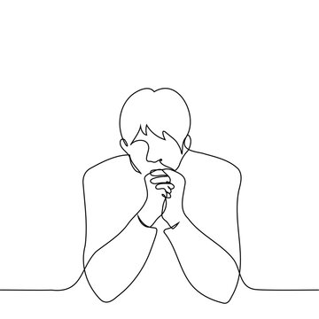 recommend clip art: man sitting leaning on elbows, palms together near face - one line art vector. concept expectation, tension