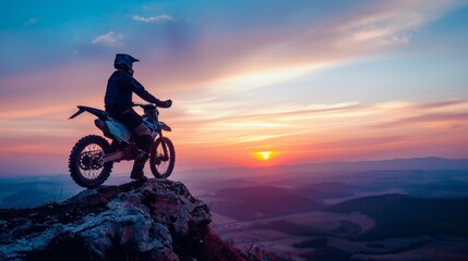 Man with dirt bike and beautiful lights Silhouette of a man with a dirt bike on a high rocky peak at a beautiful sunset. Enduro motorcycle travel concept