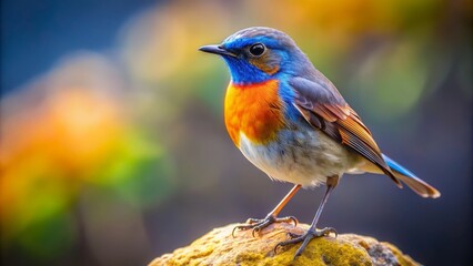 Adorable small bird with vibrant plumage perches confidently on a weathered rock overlooking a serene natural wilderness background.