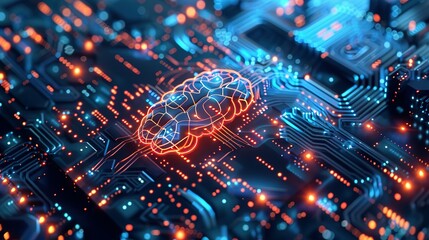 Obraz premium Neural circuits and electronic cyber brain within a quantum computing system, representing artificial intelligence technology, biotechnology innovation, robotic advancements, and machine learning.