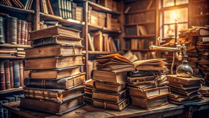 Obraz premium Old leather-bound tomes piled high in a disorganized stack, surrounded by scattered papers and dusty atmosphere in a dimly lit library.